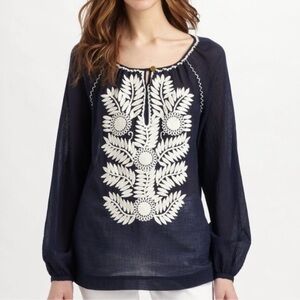 Tory Burch Kinsley Navy Blue Embroidered Tunic Top Blouse in Navy Blue and White